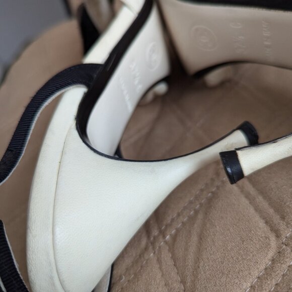 CHANEL Camellia Black Bow Ivory Leather Heels Shoes Slide Slingback Sandals - Picture 14 of 16